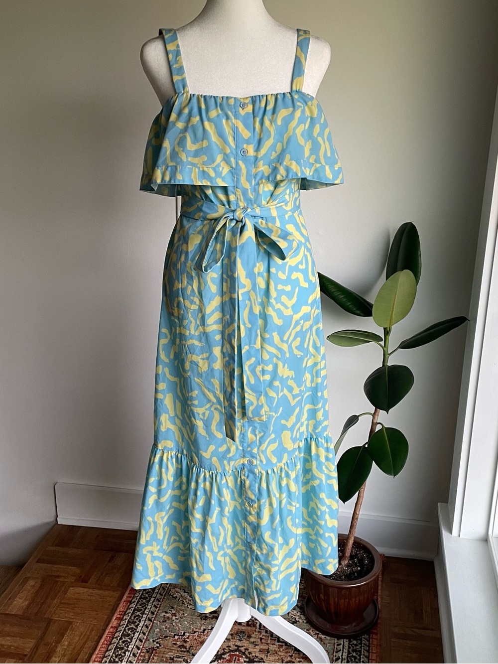 🌻 Derek Lam Blue yellow Scribble Print Tie Midi Dress Size 42 US 6 /Medium